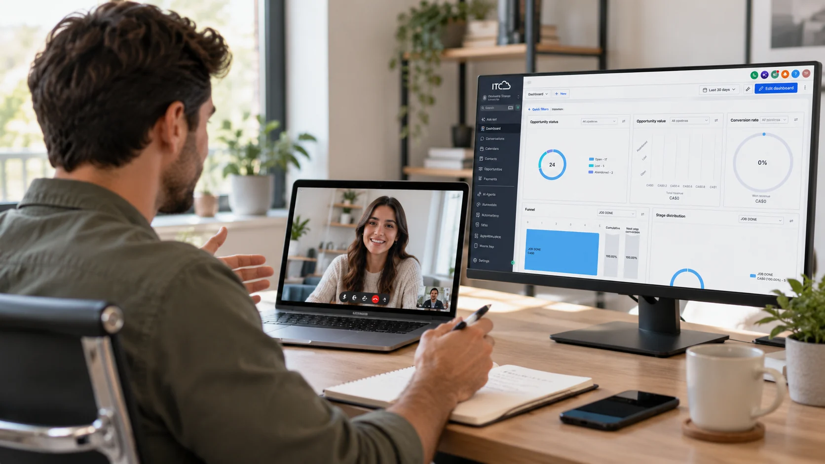 Business owner on a video call with a Marketing Account Manager while reviewing the ITC Marketing Portal